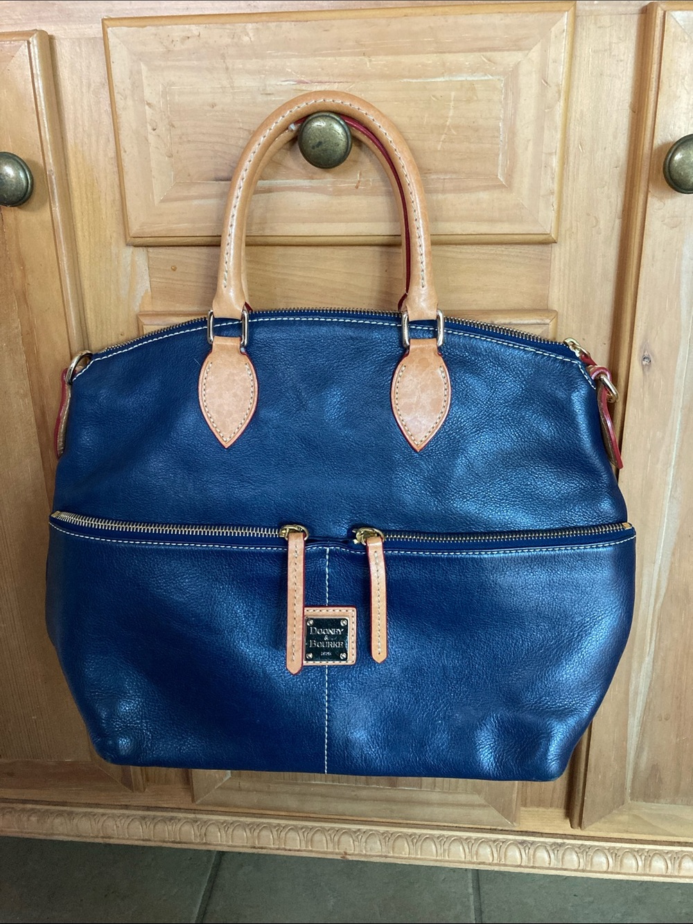 Dooney & Bourke Navy Leather Satchel with Tan Handles & Bag Protector